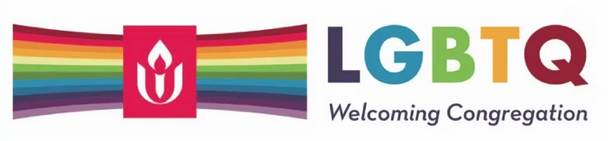 Logo: A white Unitarian Universalist Association flaming chalice symbol on a red background, all of which is superimposed on a stylized wall of rainbow colors; to the right of the graphic are the words &ldquo;LGTBQ Welcoming Congregation&rdquo;